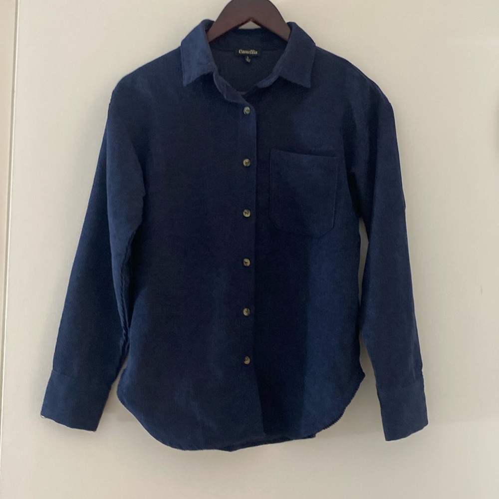 NWOT Ladies Corduroy Navy Blue Long Sleeve Button Down Collared Shirt